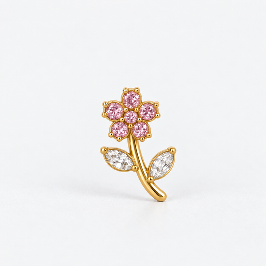 Mono orecchino Cute Flower gold a fiore con zirconi rosa e foglie con pietre bianche