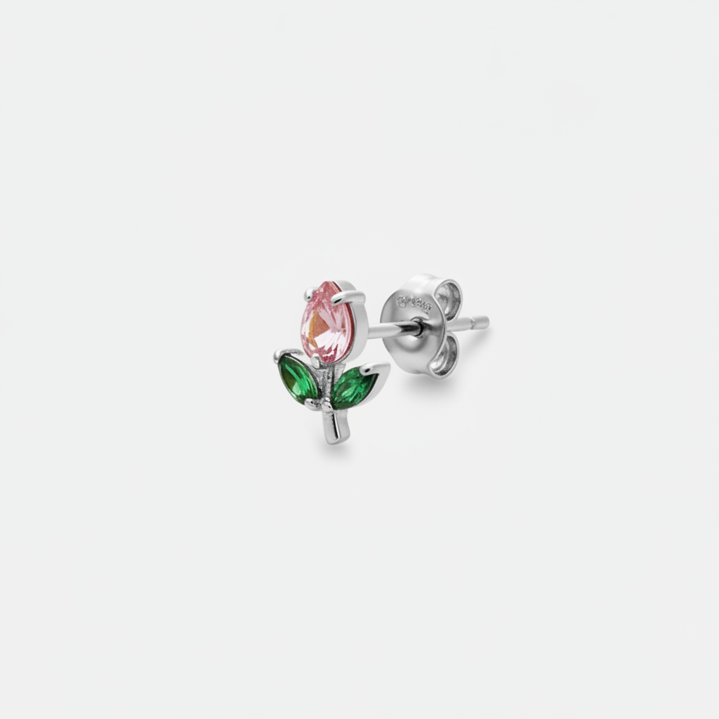 Mono Orecchino Micro Tulip - Rosa Silver senza zircone giallo