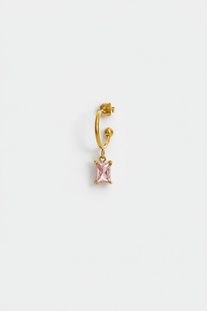 Orecchino base cerchietto con baguette rosa